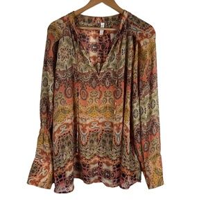 MNG‎ Blouse Womens Size 16 Orange Paisley Sheer Boho Fall Lightweight